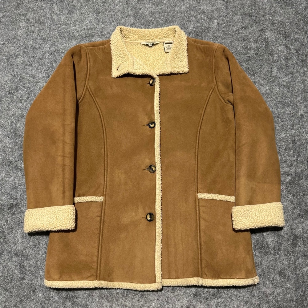 L.L. Bean Faux Suede Sherpa Lined Coat Brown Tan Vintage Retro Size Medium